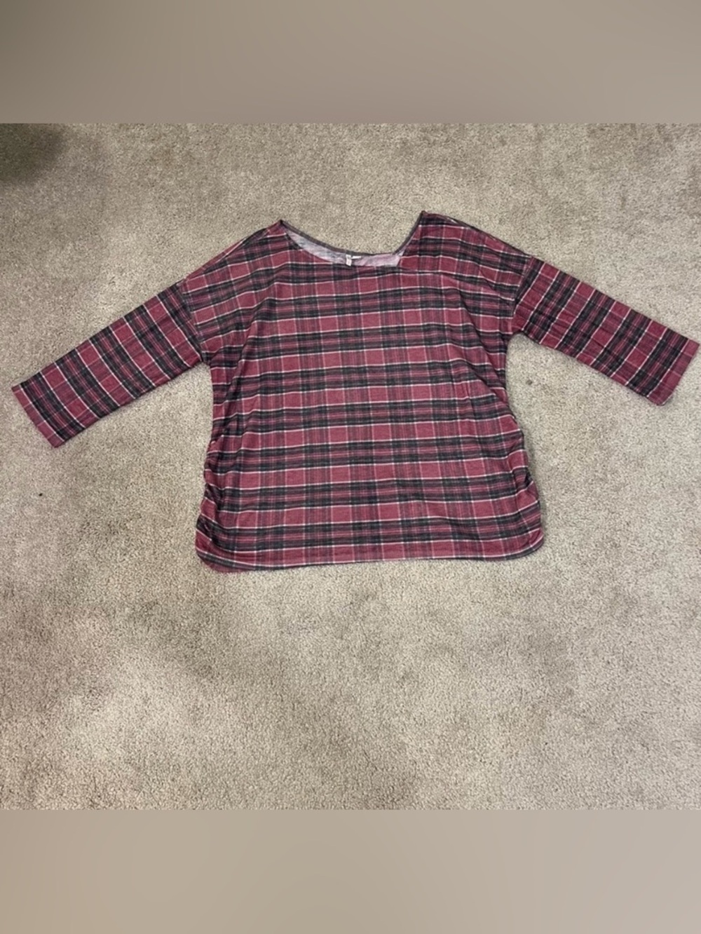 Cato Plaid 3/4 Sleeve Top with Cinched Sides